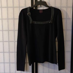 Long sleeve knit sweater with leather trim